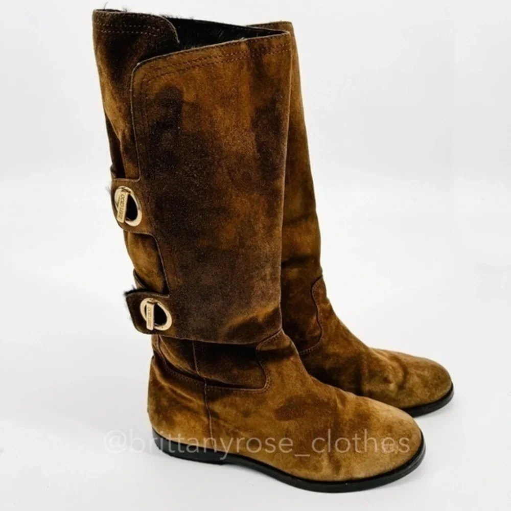 JIMMY CHOO Chocolate Brown Suede Mid-Calf Double Toggle Gold Hardware Boots 37.5